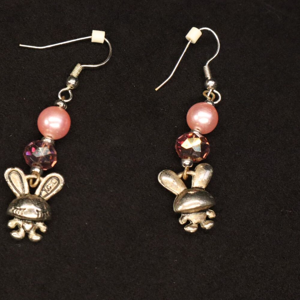 Pink Beaded Bunny Pierced Earrings 2" drop